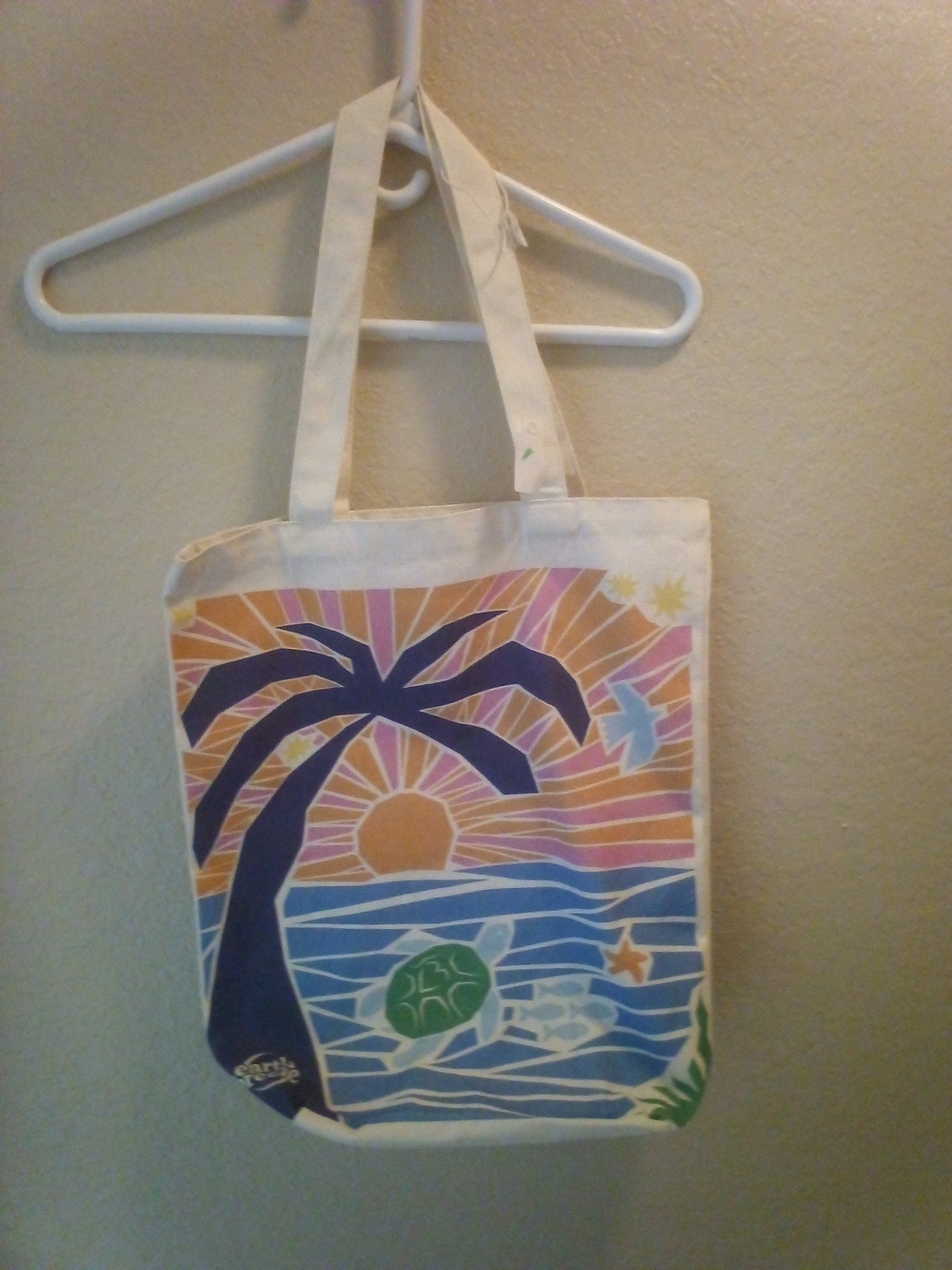 Canvas Beach Tote with Sunset Palm Print - White